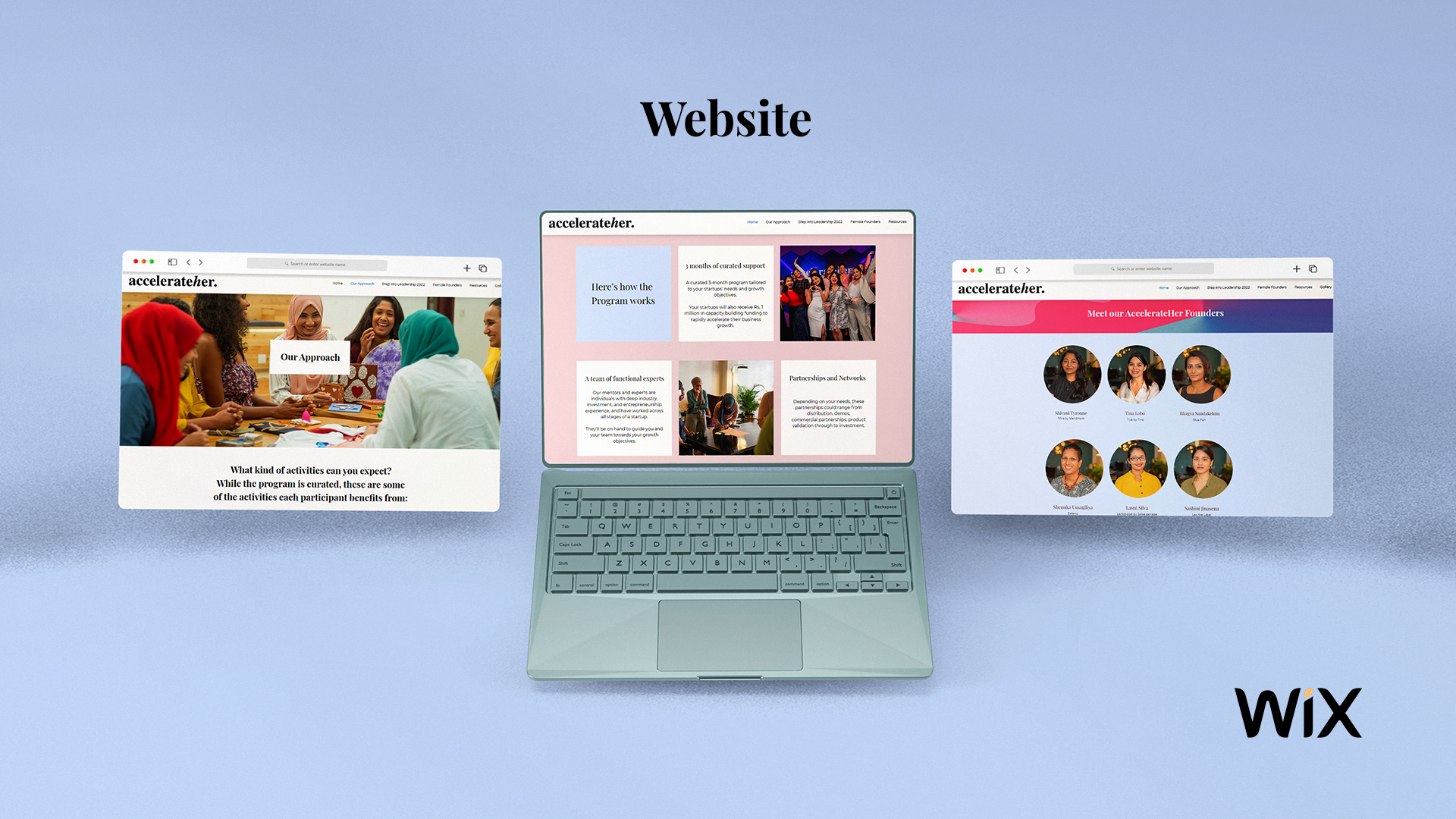 AccelerateHer website shown across three browser mockups, built on Wix